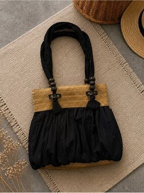 Black & Tan Straw-Trim Shoulder Tote